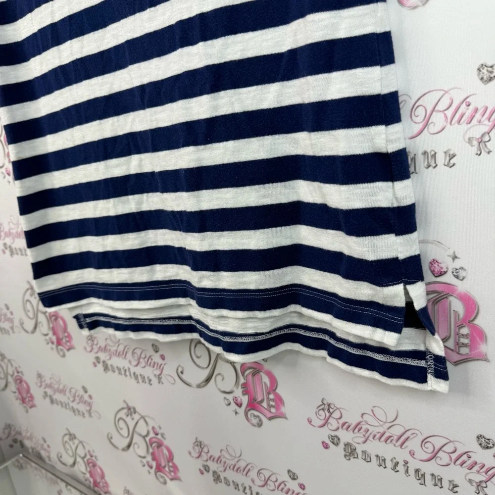 Nicole Miller T-shirt, stripes V-neck Striped navy blue and white Women's Top - Picture 3 of 11